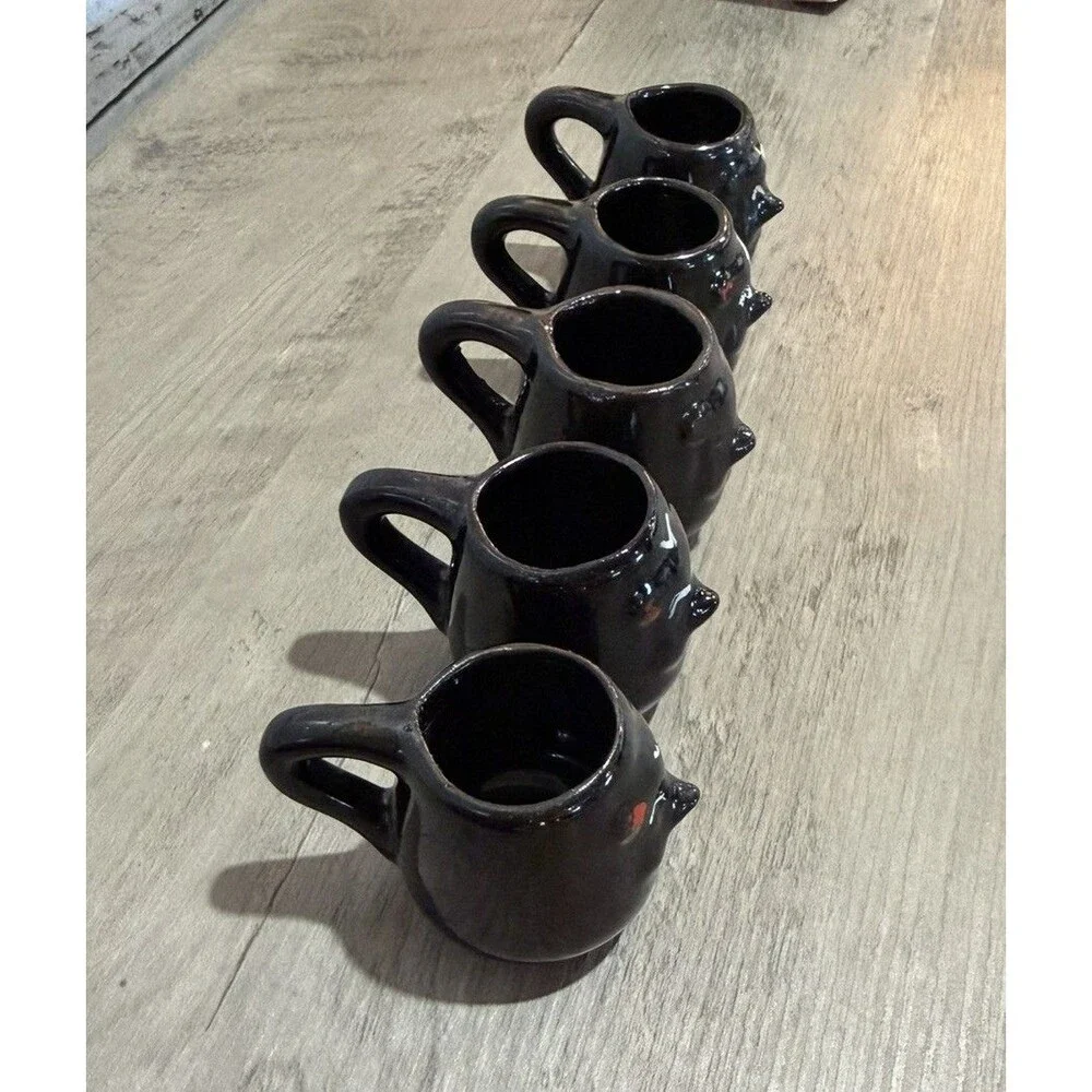 Vintage Skunk Redware Sake Cups or Shot Glasses w/Handles Hand Painted Japan